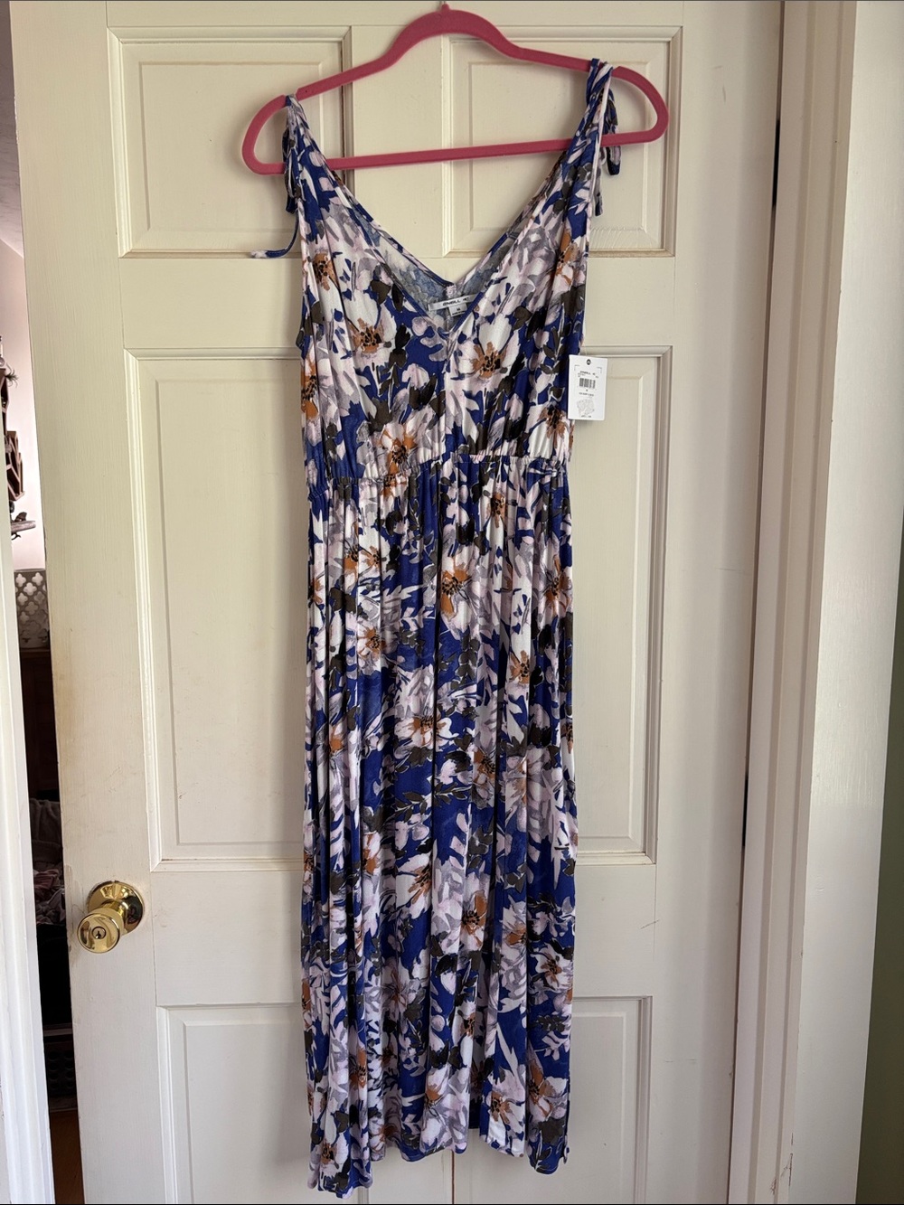 O'Neill Blue White and Brown Floral Tie-Shoulder Midi Dress